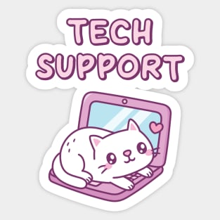 Cute White Cat Resting On Laptop Tech Support Funny Sticker